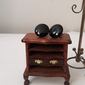 Vintage Signed Black TRIFARI Earrings, Oval Polished Clip-On